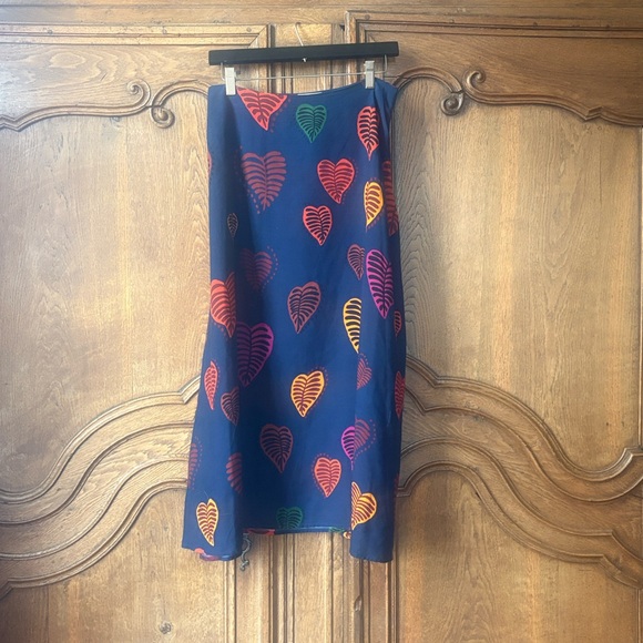 Farm Rio Anthropologie viscose Slip Midi Skirt Hearts Leaves - Picture 7 of 16